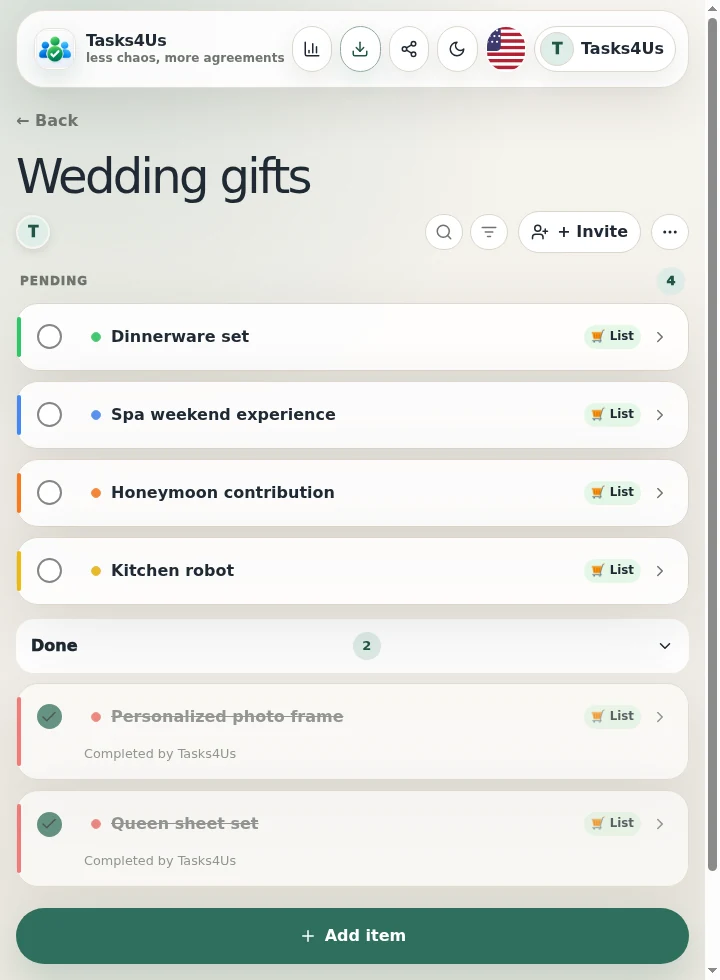 Real Tasks4Us example for Shared wedding gift list