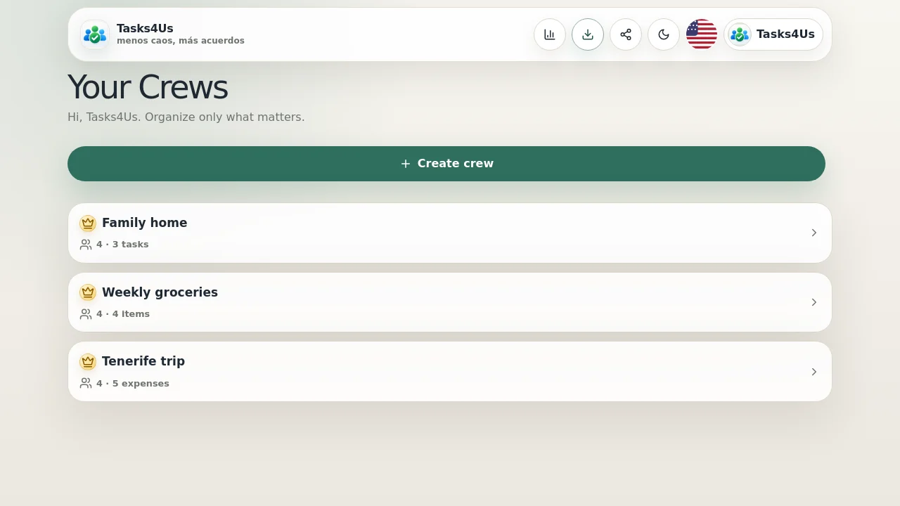 English dashboard with task, list and expense groups.