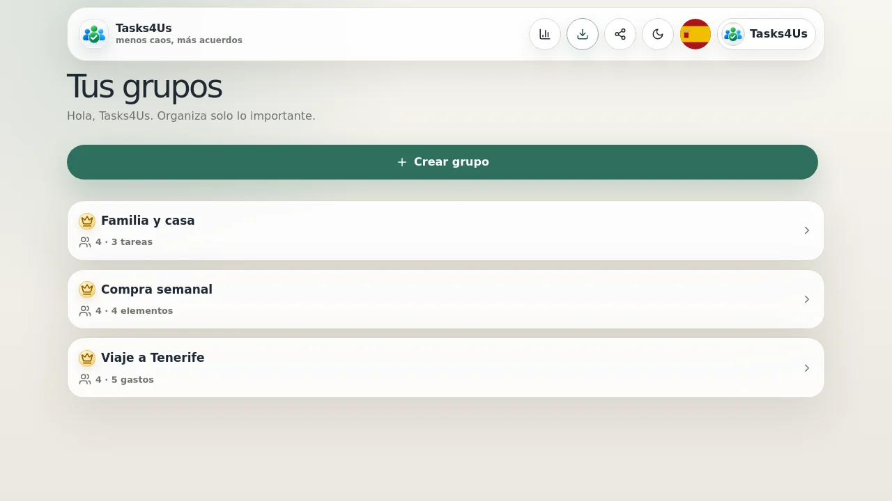 Dashboard español con el grupo Viaje a Tenerife.